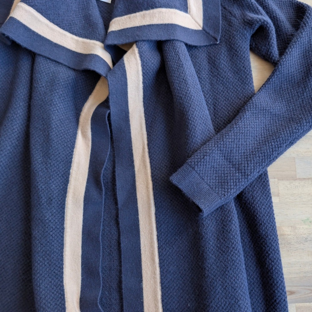 ANN TAYLOR Striped Trim Cascade Cardigan Sweater Navy w/ Beige Trim Size XS NEW - Picture 6 of 11